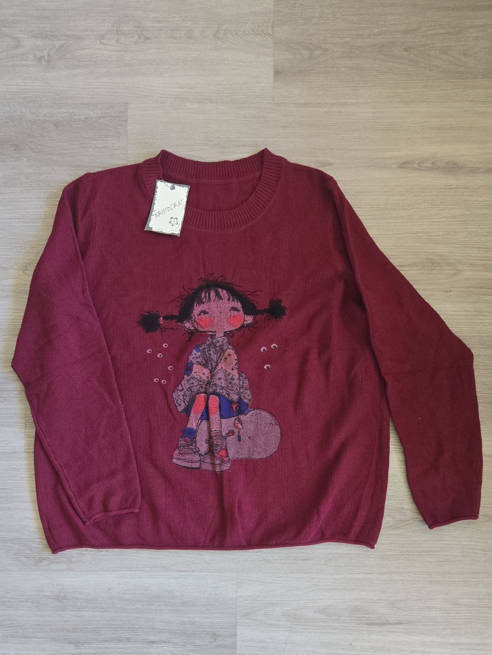 Women's Burgundy Crewneck Sweater with Illustrated Character